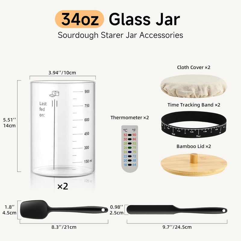 HomeFeel Premium Sourdough Starter Jar - 34 Oz Large Glass Jar with Bamboo Lid, Cloth Cover, Date Tracker, Thermometer and Scraper, Stylish Design and Wide Mouth Starter Kit (2 Pack) - Image 5